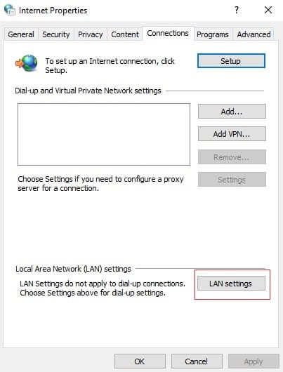 LAN settings on internet option