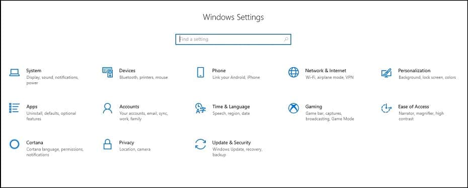 Windows settings option