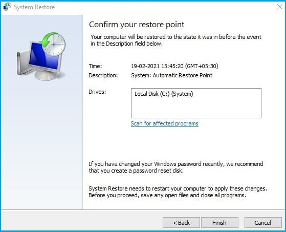 Confirm restore point
