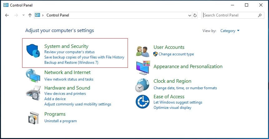 Control Panel“System and Security” settings