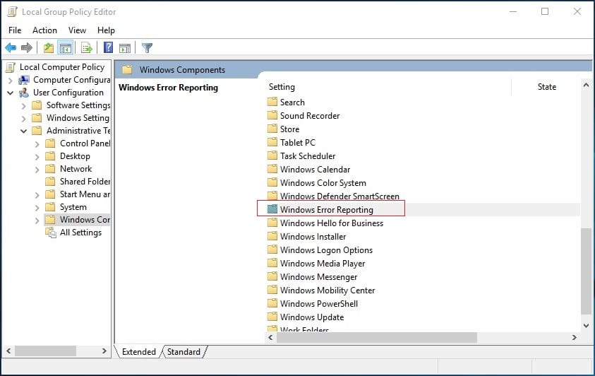 Local Group Policy windows error reporting