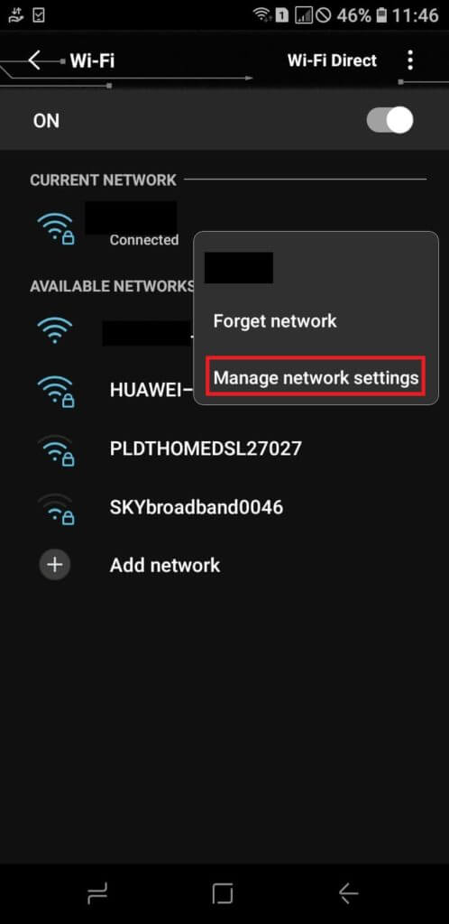 Manage network settings option on Android