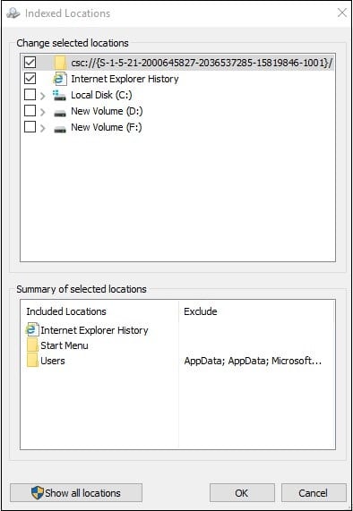 Modification Indexing Options