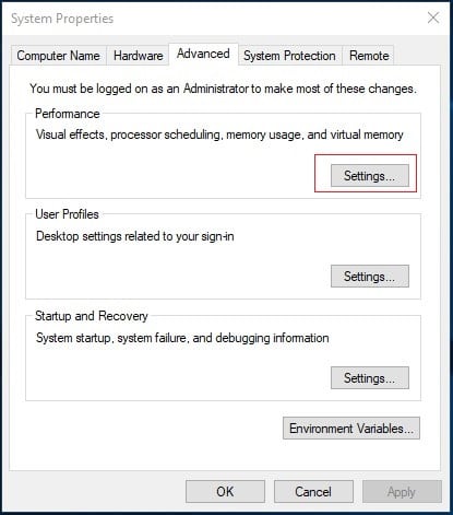 Performance tab on advanced system settings