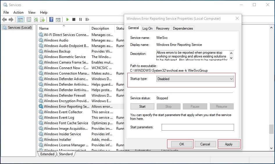 Windows Error Reporting Service properties