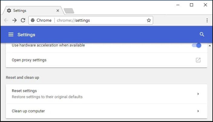 chrome Reset and Clean up settings