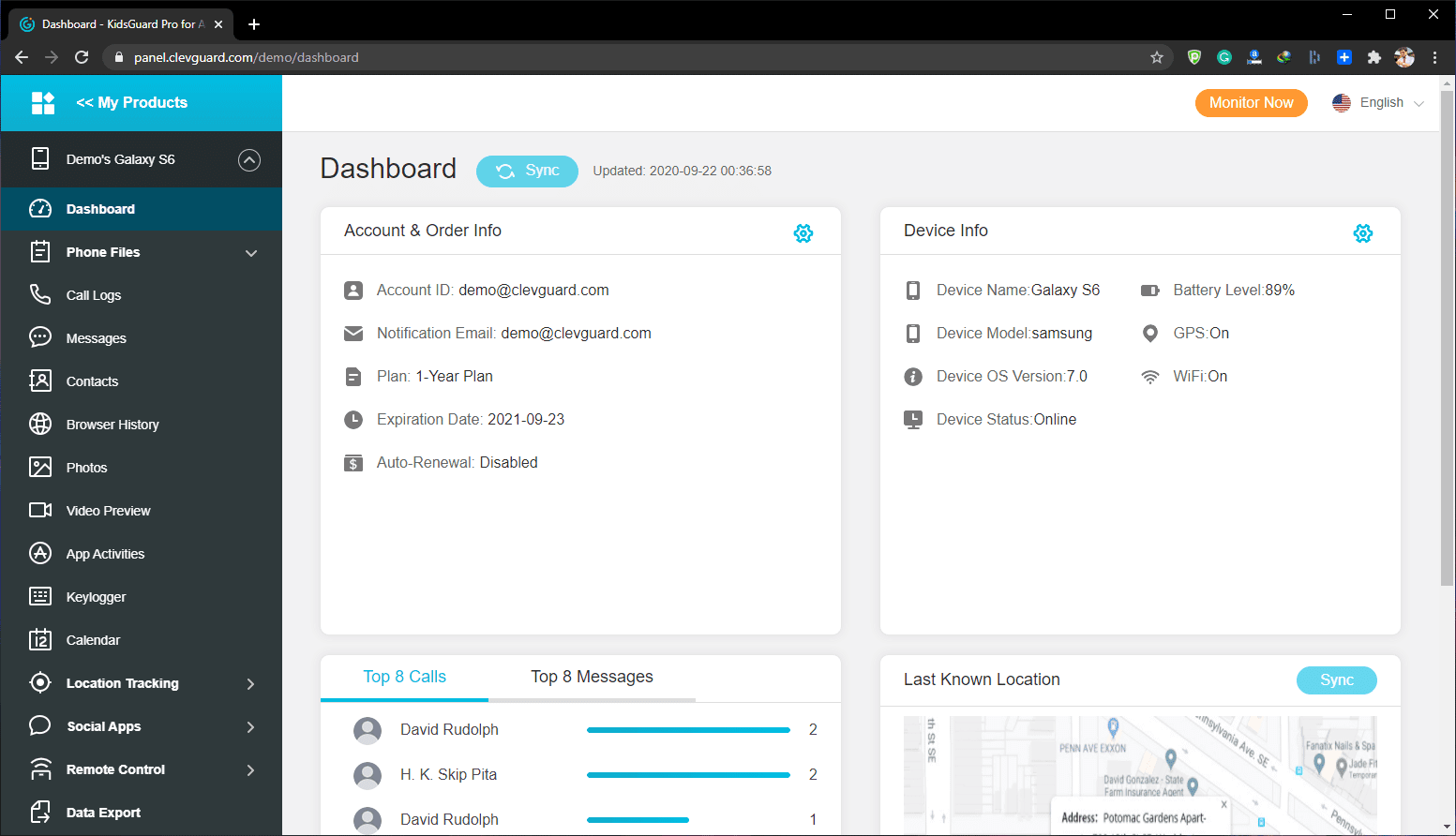 dashboard of the KidsGuard