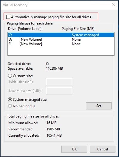 virtual memory unchecked option