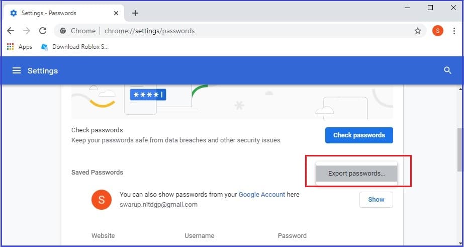 Chrome Export passwords
