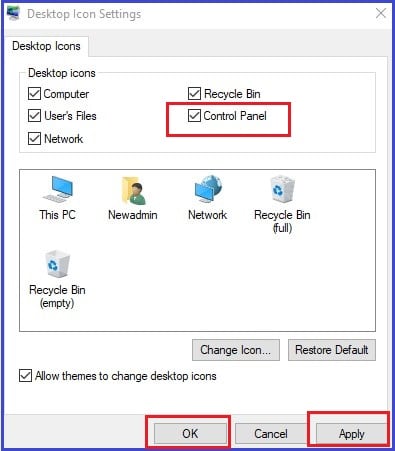 Control Panel in the desktop icon setting