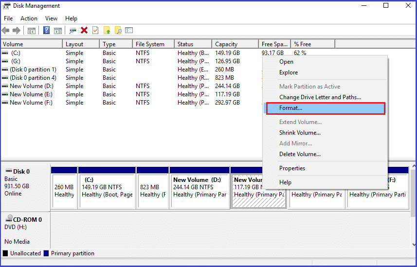 Disk Management drive Format