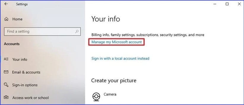 Manage My Microsoft Account option