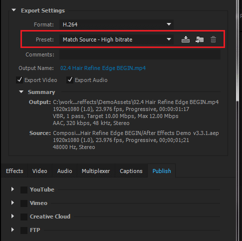 Match Source High Bitrate settings