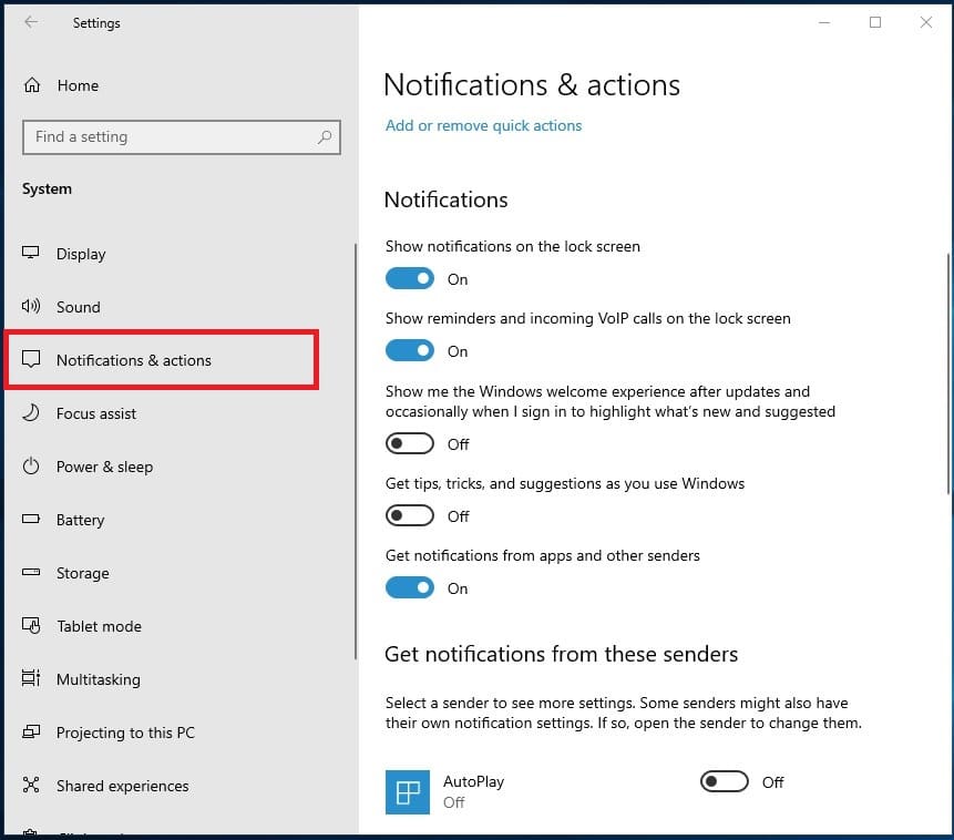Notifications & actions settings