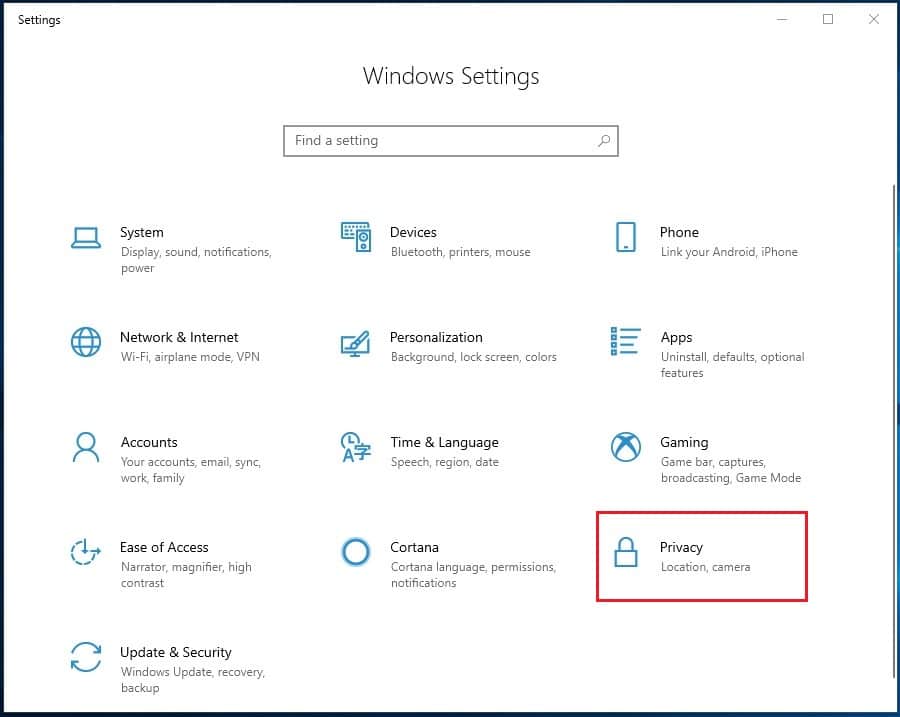 Windows settings Privacy option