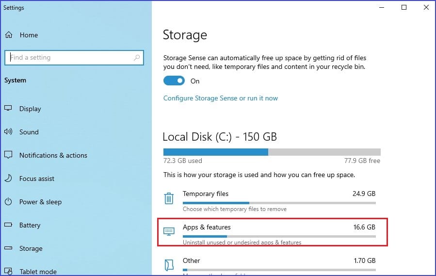 apps features storage settings