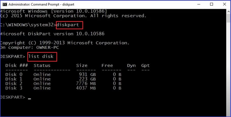 diskpart list disk cmd