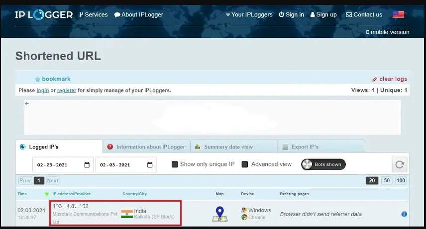 iplogger IP details resultaat