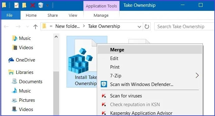 locate and install the Take Ownership.reg file