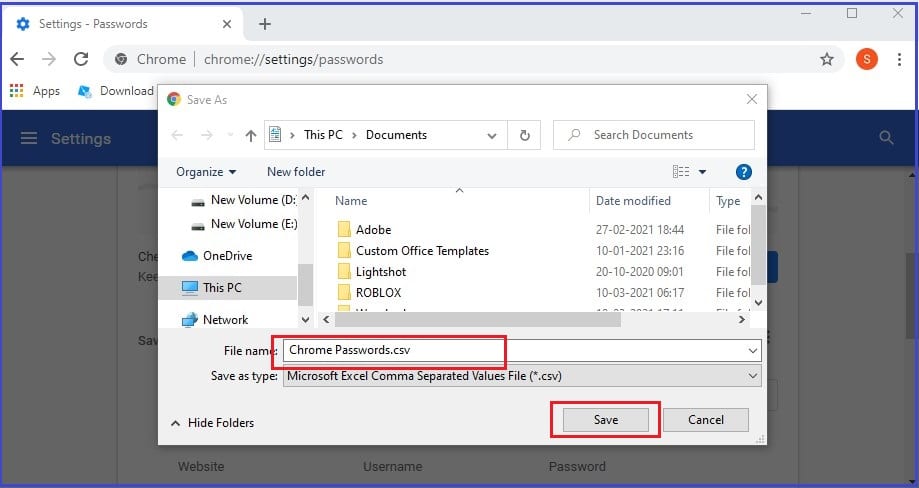 save Chrome Export passwords