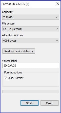 sd card format window