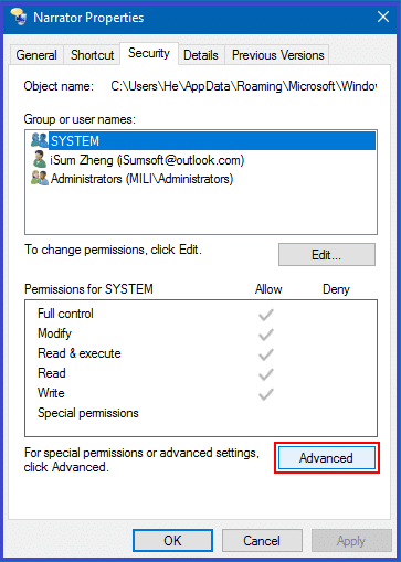 security tab advanced settings