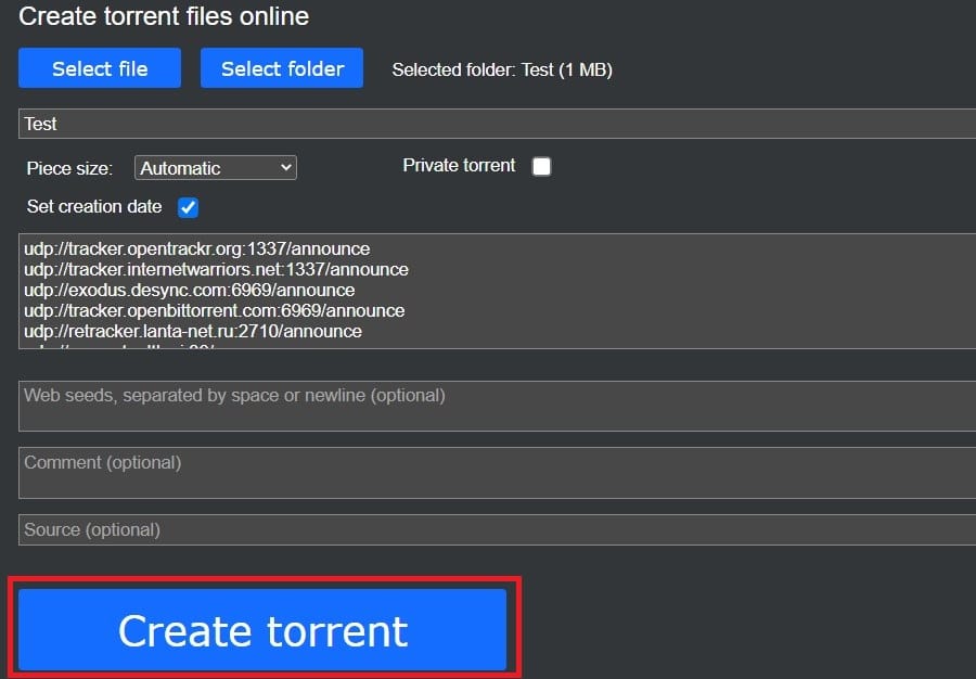 Kimbatt Online create torrent and proceed to save