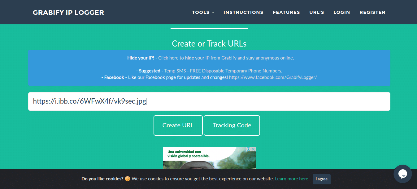 Grabify web page with link