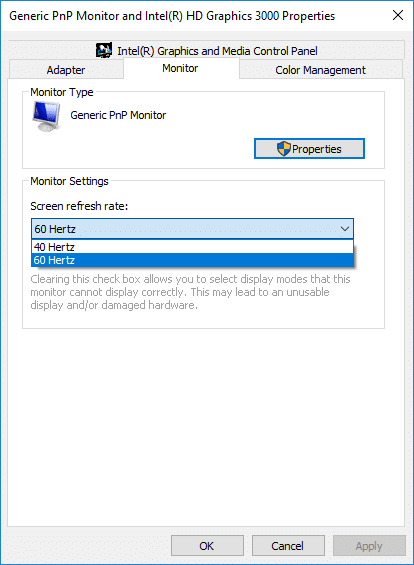 Intel Graphics monitor tab
