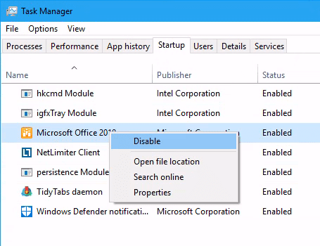 Task Manager Startup disable program