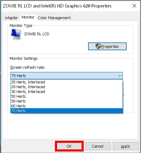 change refresh rate under monitor tab