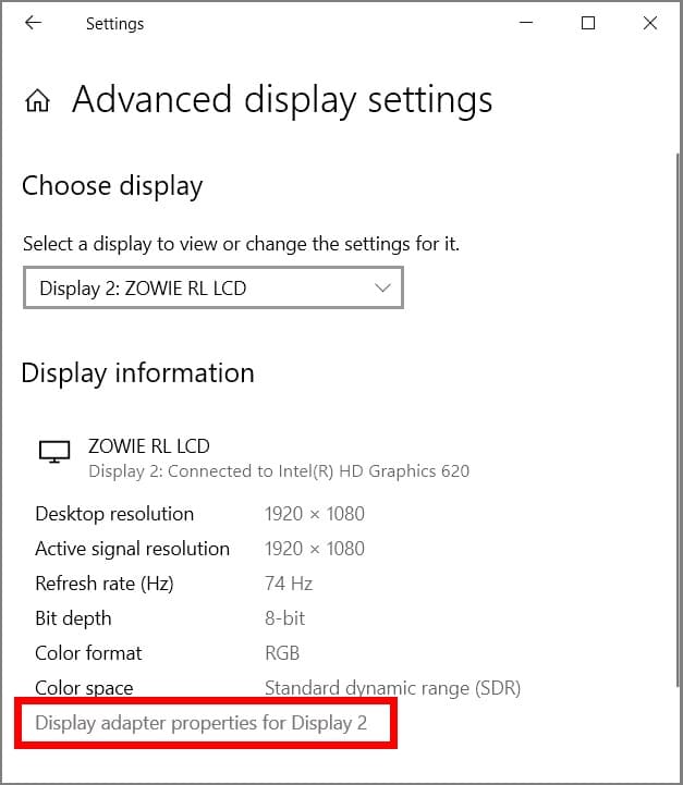 display adapter properties