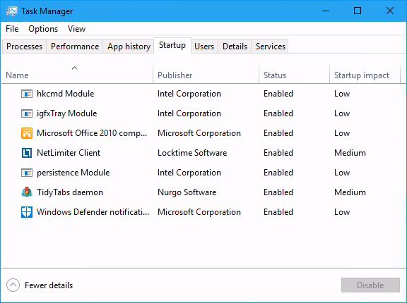 task manager startup tab