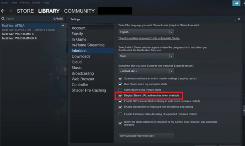 Display Steam URL address