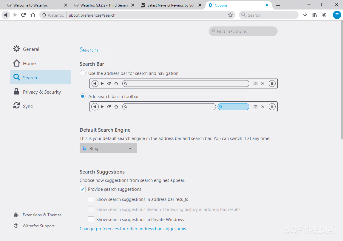 Waterfox Bing search