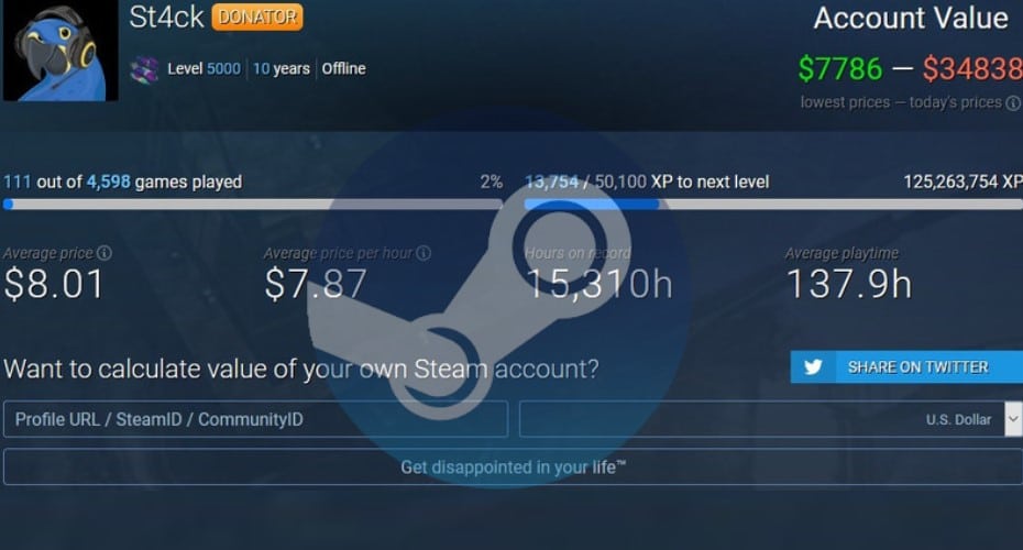 Steam: the Account value determined as