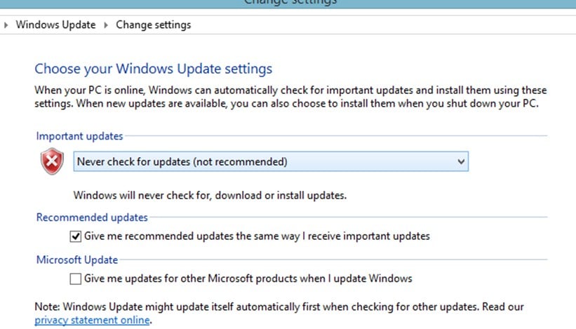 Windows update setting