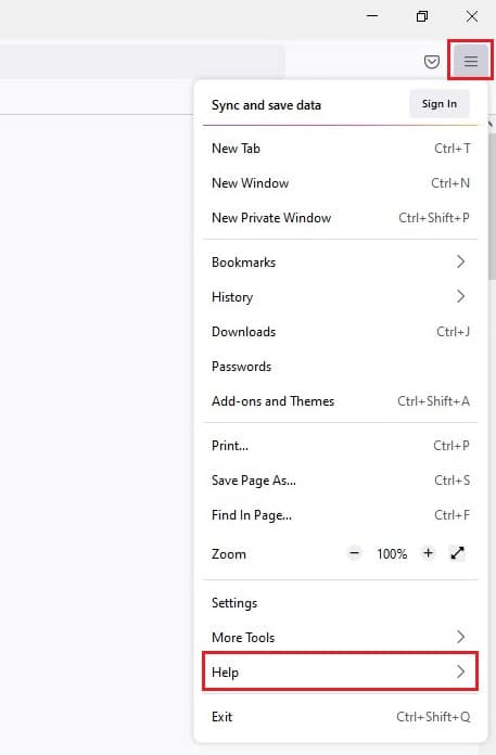 Firefox menu page