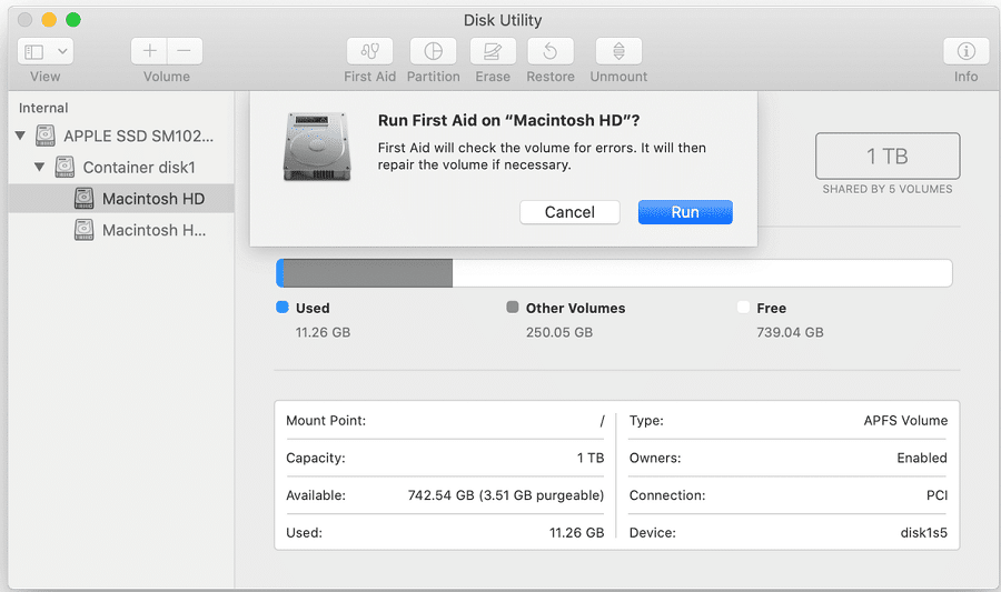 First Aid of Disk Utility in macOS Recovery