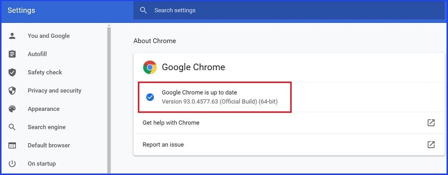 Update Chrome option