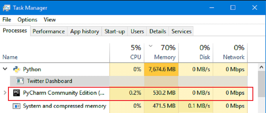 pycharm memory usage