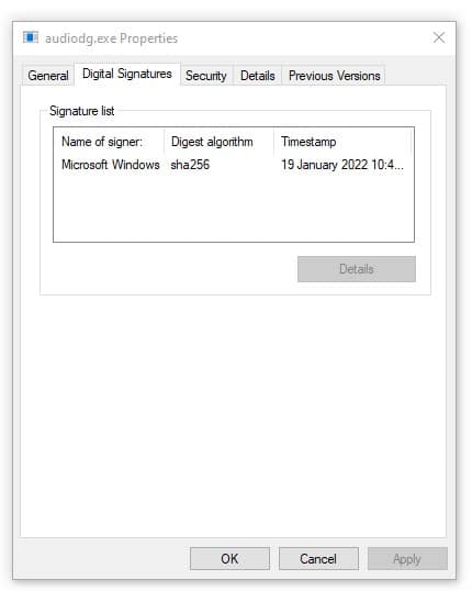 digital signature of the audiodg.exe file