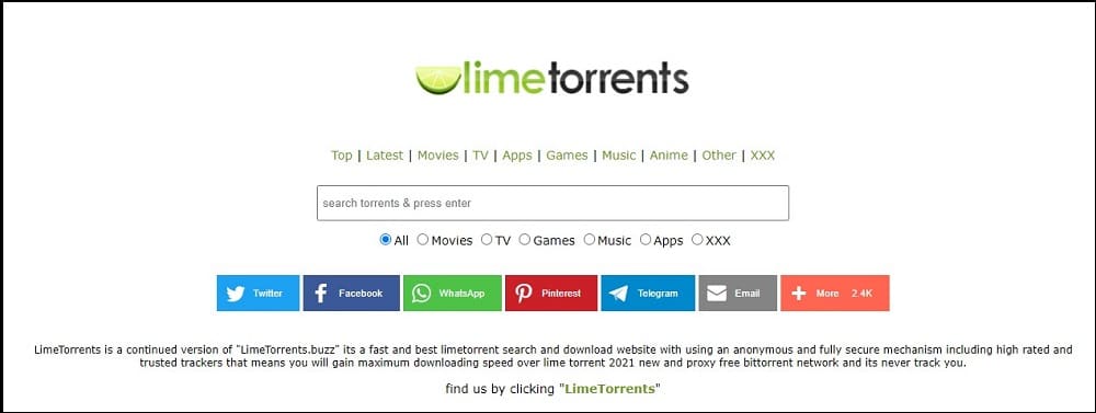 LimeTorrents Homepage