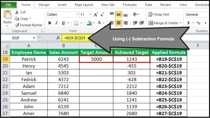 microsoft excel formulas for subtraction