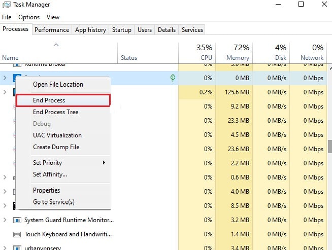 Click on the End process button of Task Manager