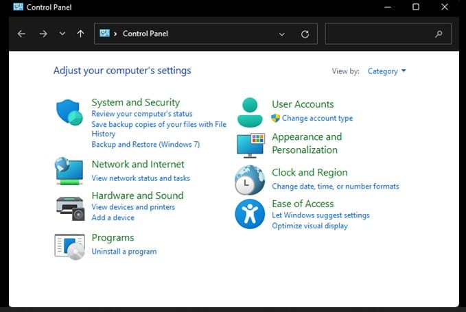 Type Control Panel and hit Enter