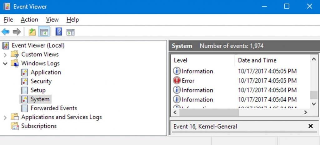 Windows Log menu- select System