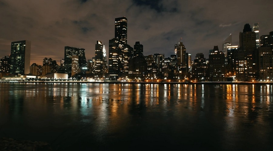 A city skyline at night