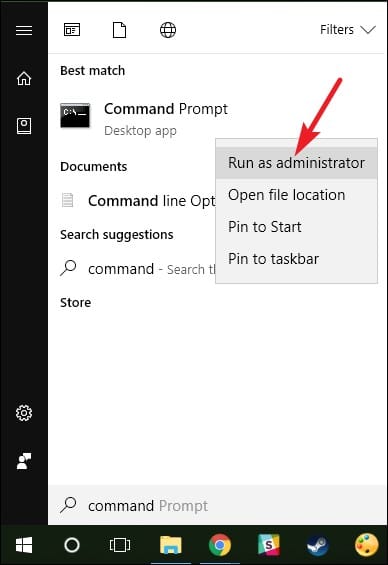 Command Prompt app before clicking on the Run as administrator option