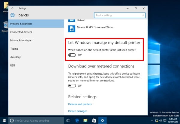 Let Windows manage my default printer box